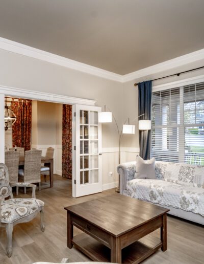 A living room with a couch and a coffee table.